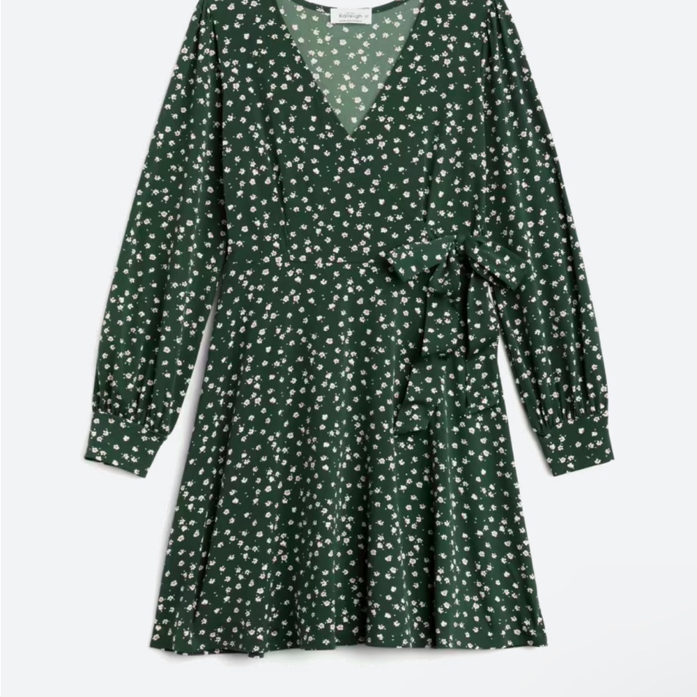 Kaileigh Green Long Sleeve Sundress with V-Neck and Bishop Sleeves